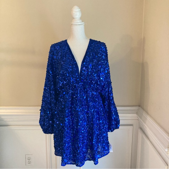 ASOS EDITION Royal Cobalt Blue Sequin Embellished Long Sleeve Faux Wrap Dress - Picture 8 of 12